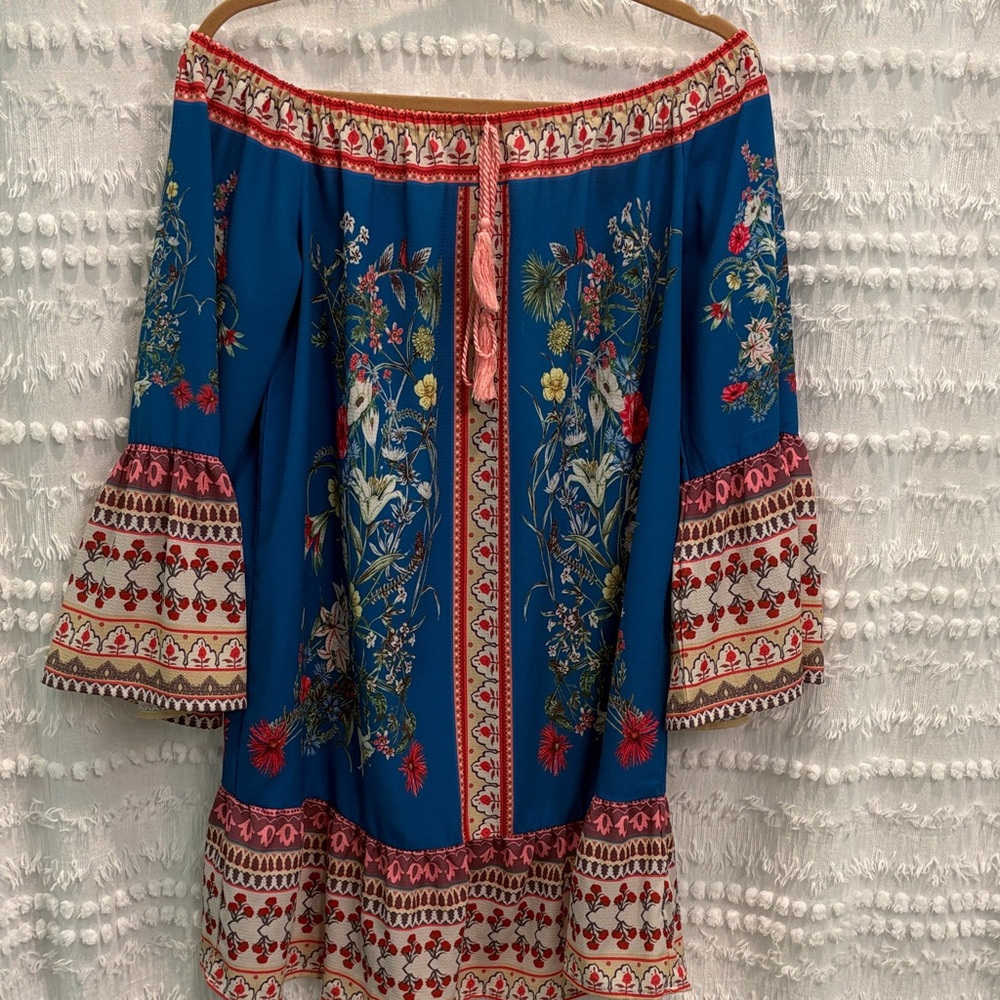 Umgee Blue Floral Off-Shoulder Dress